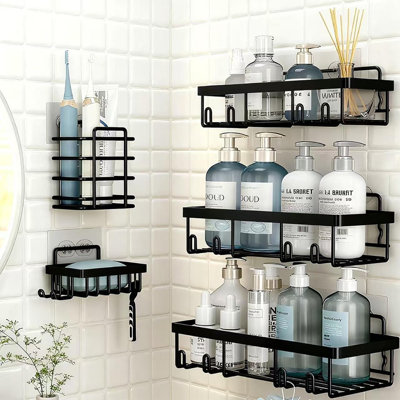 Serviteur de douche adhésif - blanc - paquet de 5 organisateur de salle de bain suspendu sans perceuse avec porte-savon et brosse à dents, tablettes murales antirouille