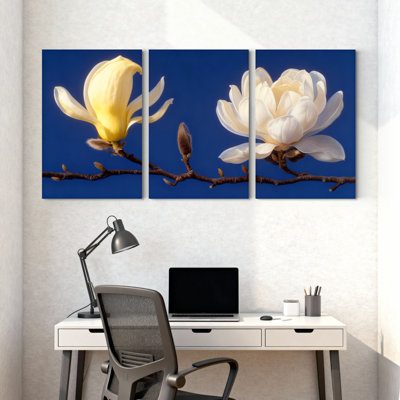 Magnolia fleurs de magnolia sur fond bleu, ensemble de 3 impressions sur toile