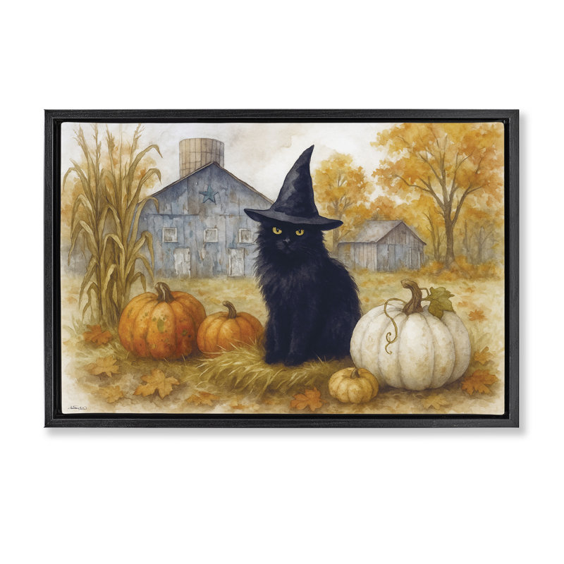 Cadre flottant Witch Cat Autumnal Farm, design par Antony Smith, Cadre flottant noir de jais, H 17 po x l 25 po