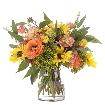 Rose Sunflower, Orange Yellow, Glass Vase, 18wx17dx16h