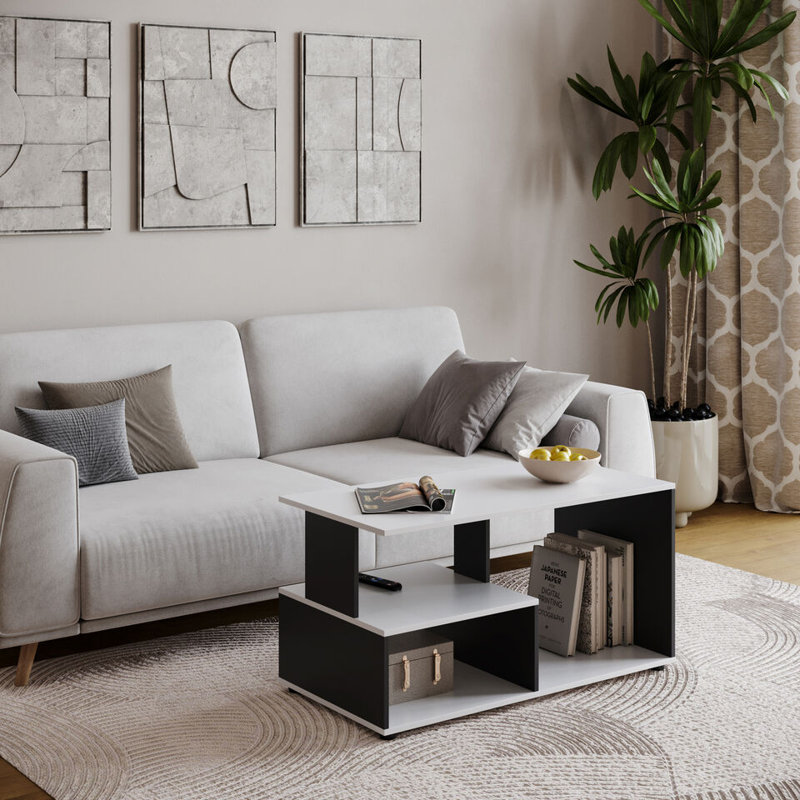 Aylinne Solid Wood Coffee Table with Storage, White, Black