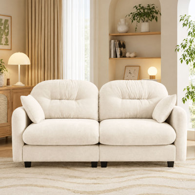 74" Modern Cloud Loveseat Sofa, 24" Deep Seating Chenille Couch with Pocket Spring Cushions and 2 Pillows, Cream