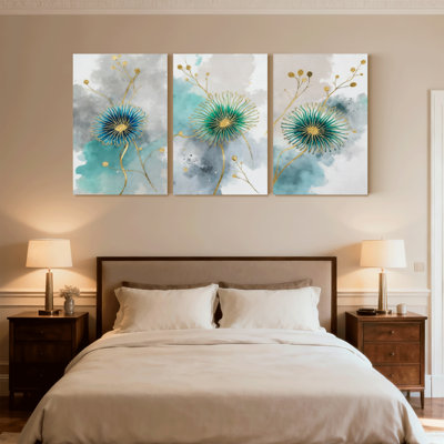 Plants & Flowers Abstract Floral Gold Accents Teal Blue Grey Set of 3 Canvas Wall Art Prints