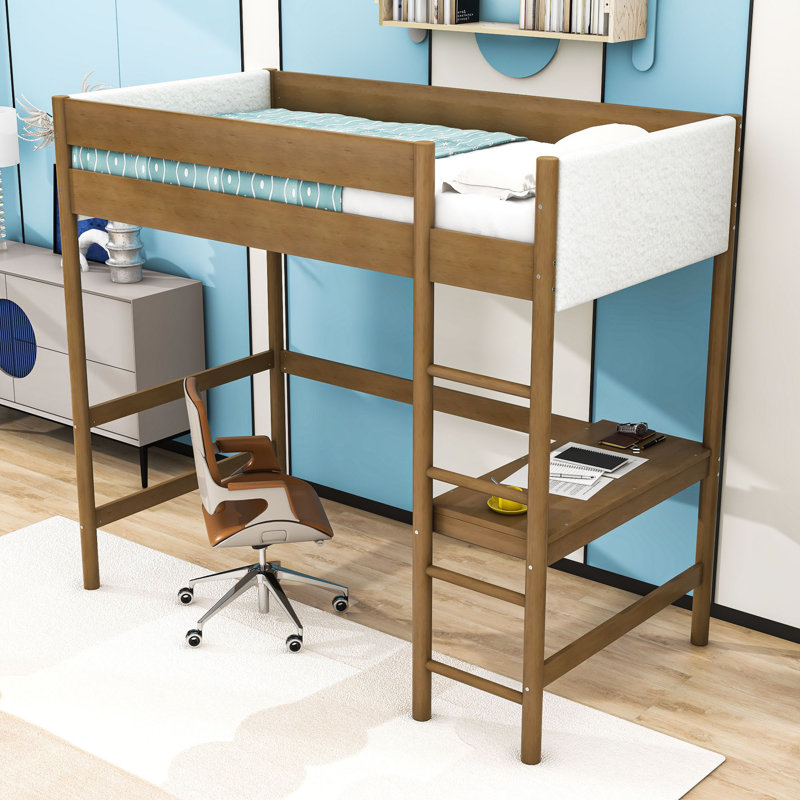 Twin Wooden Loft Bed With Built-In-Desk