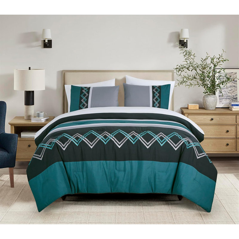 7-Piece Modern Pleated Stripe Embroidered Comforter Set with Sheets, King Comforter + 6 Additional Pieces, Teal/Black/Gray