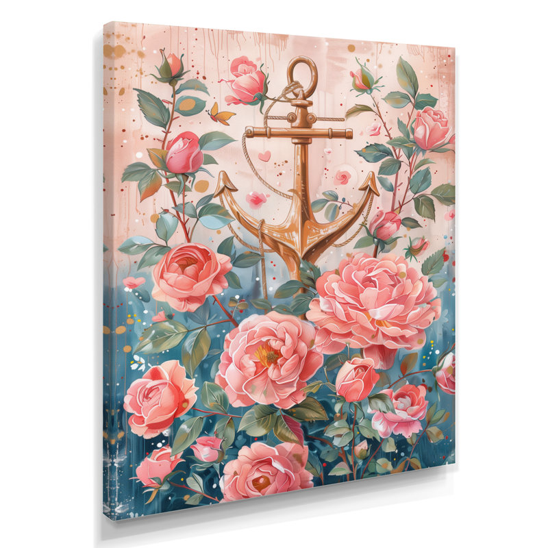 Rose, vert, bord de mer rétro, ancre roses II - art mural bord de mer, Toile tendue, H 24 po x l 32 po x P 1 po