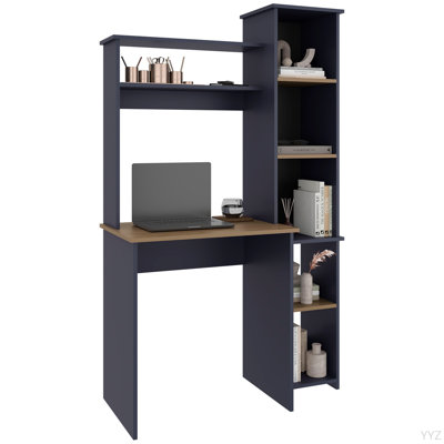 Bureau d'écriture Versalles, bureau de studio ou de bureau moderne, deux tablettes supérieures et cinq tablettes ouvertes latérales pour l'organisation de livres, bleu marine