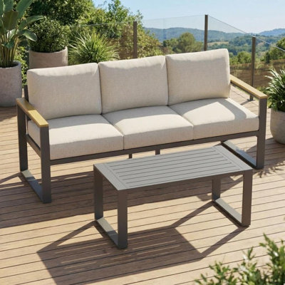 3-Seat Aluminum Sofa & Coffee Table Set, Patio Conversation Set with Washable Thick Cushions for Balcony Garden