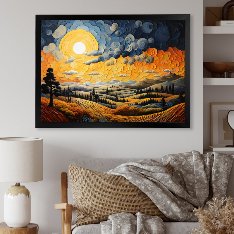 «Countryside Yellow and Blue Hills Patchwork I», reproduction sur toile, Cadre simple noir, H 30 po x l 40 po x P 1,5 po