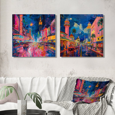 «Pink Blue Vegas Nights Casinos I» - ensemble d'art décoratif mural 2 pièces