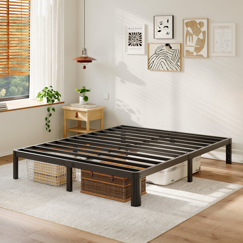 Structure de lit plateforme en métal robuste de 12 pouces de hauteur avec lattes en acier, structure de lit moderne en acier à profil bas, aucun sommier tapissier requis, noir
