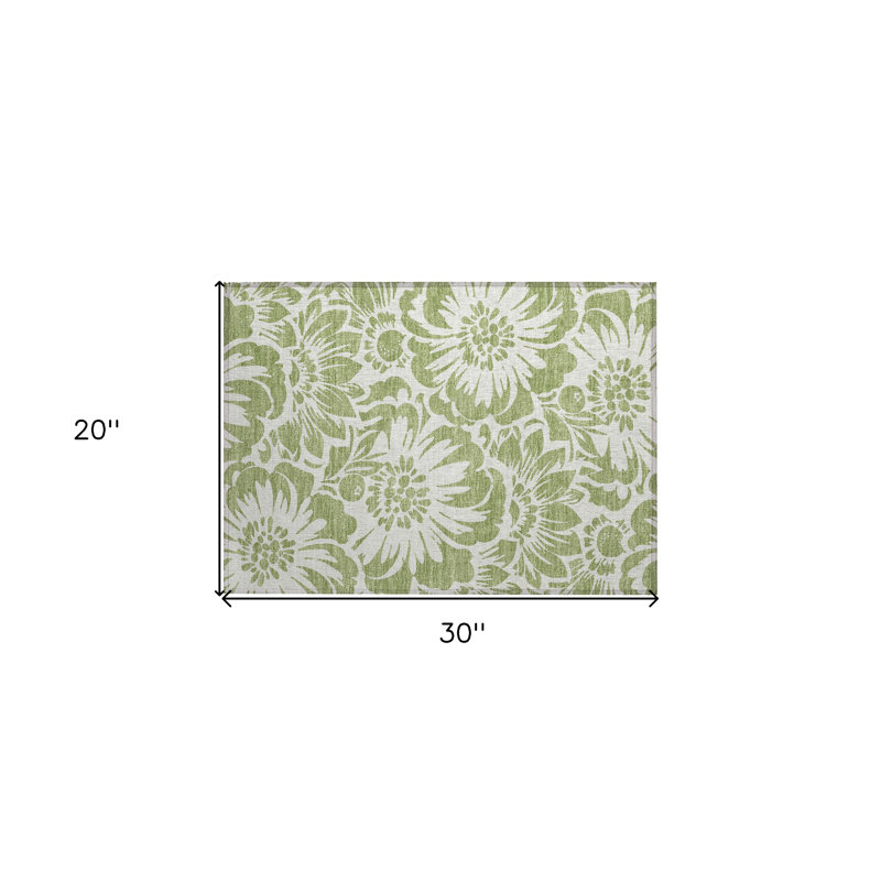2' X 3' Green and Ivory Floral Washable Non Skid Indoor Outdoor Area Rug