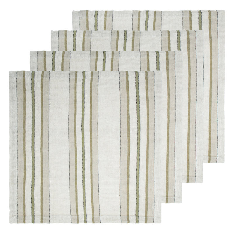 Natural and Olive Striped Linen Square Napkin Set of 4
