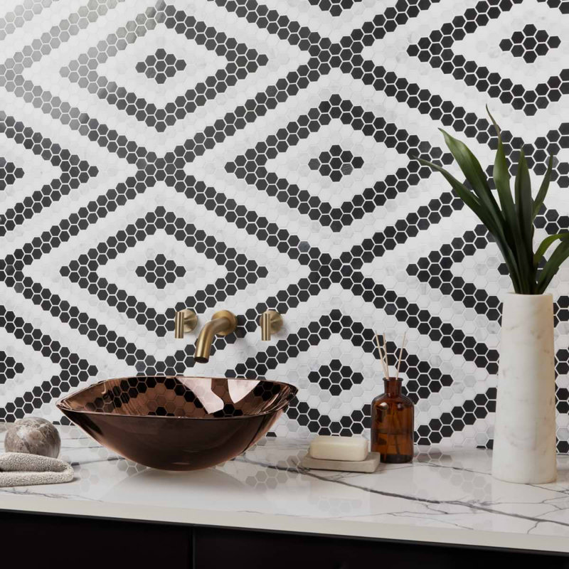 Juno 1" Diamond Hexagon Polished Marble Mosaic, Black/White