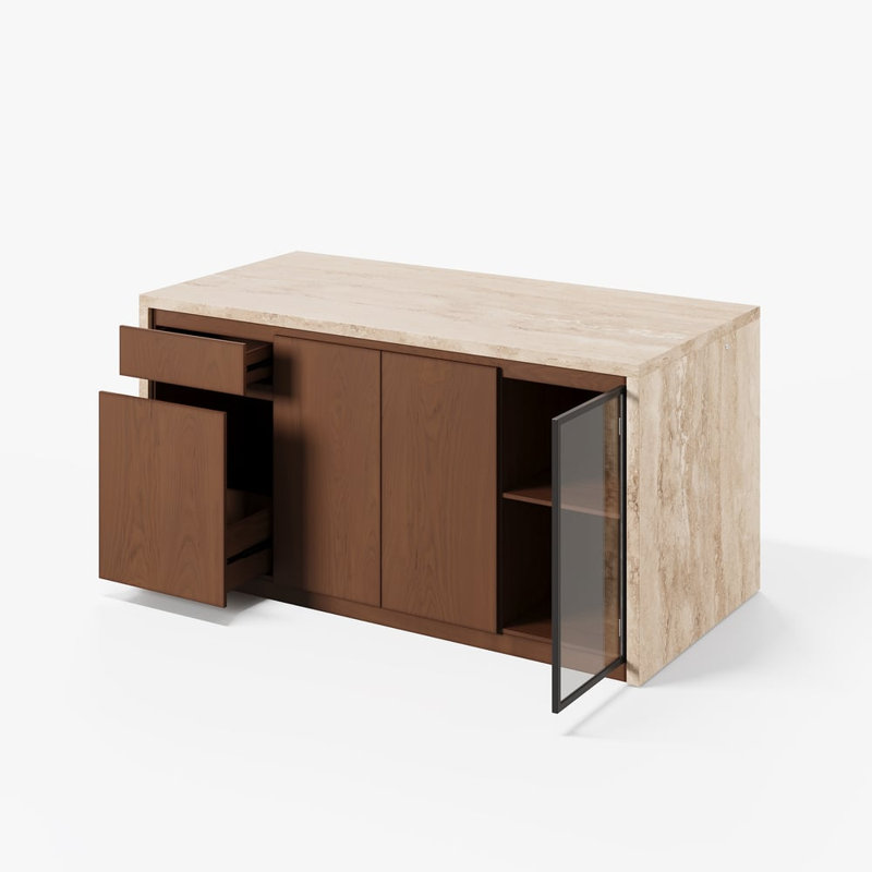 Îlot de cuisine moderne de 183 cm avec rangement et éclairage DEL, table d'îlot en travertin mat avec bord en cascade