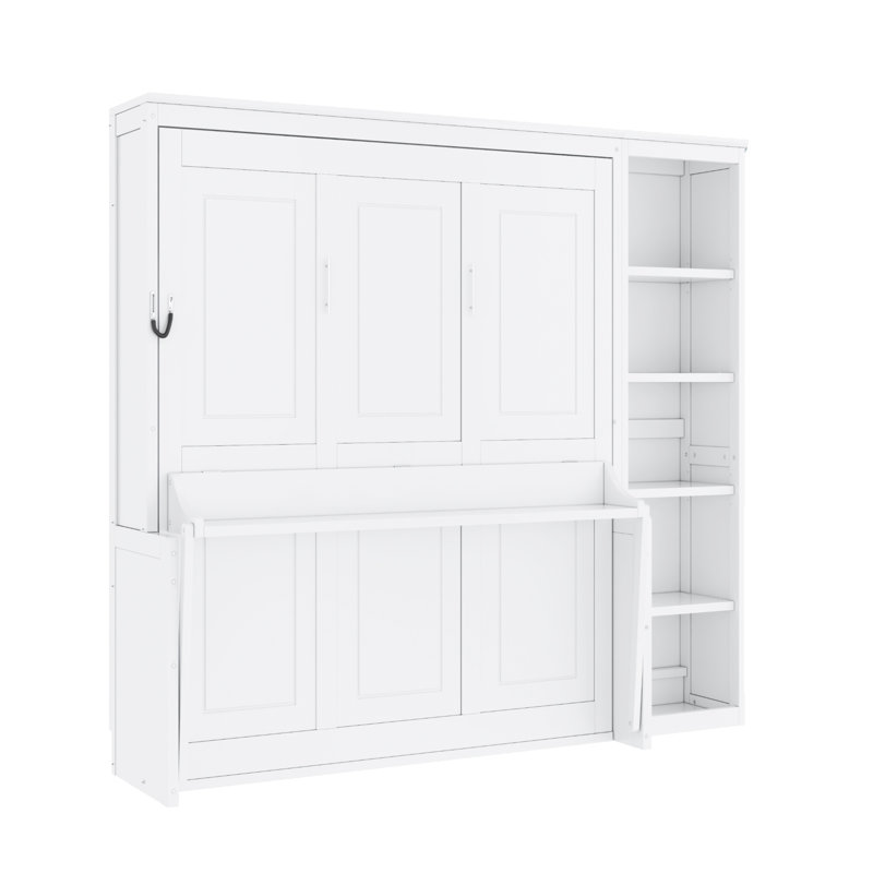 Lit escamotable avec bureau et bibliothèque Murphy, Blanc, Lit double