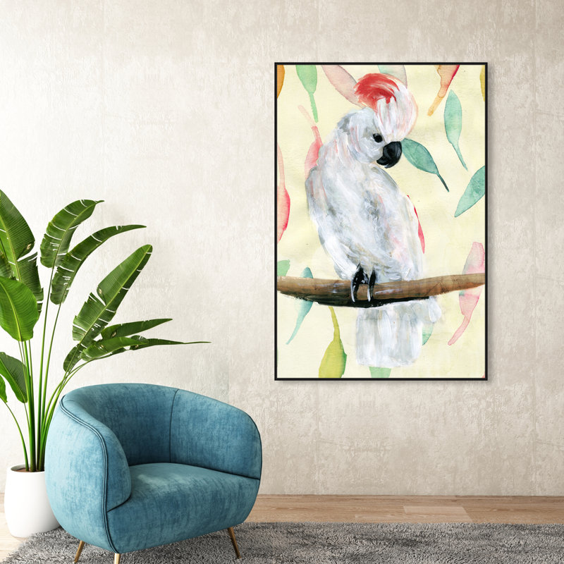 Cacatoès tropical - peinture sur toile, Cadre en bois noir, H 46 po x l 31 po
