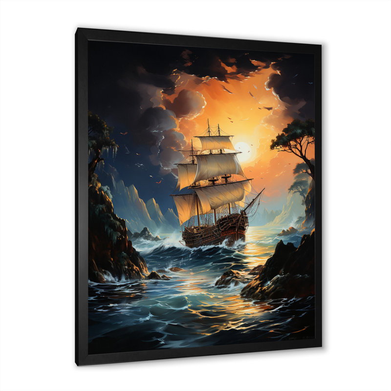 Pirate Boat Moonlit Raid - Pirate Wall Art Prints, Cadre photo noir, H 20 po x l 12 po x P 1 po