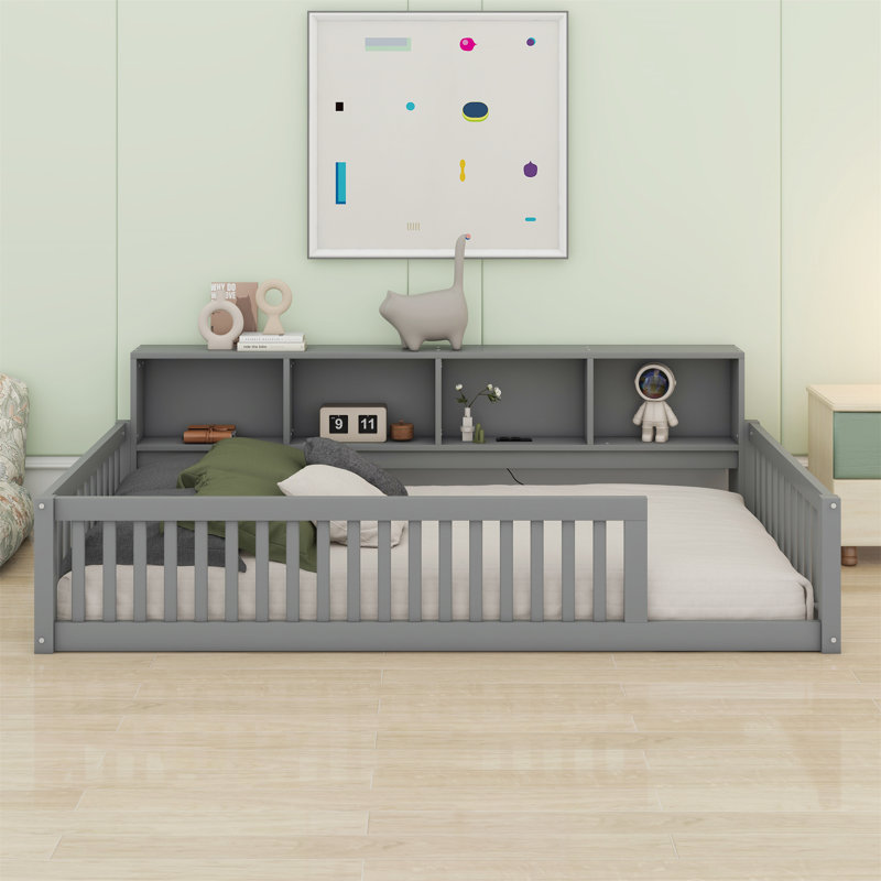 Lit en bois avec rangement et ports USB, Blanc