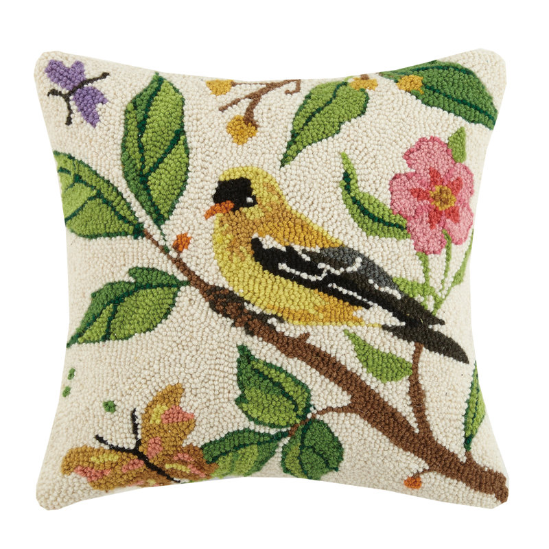 Goldfinch Bird Hooked Wool and Cotton Throw Pillow
