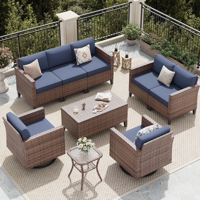 8 Piece Rattan Sectional Seating Group With Cushions, Navy