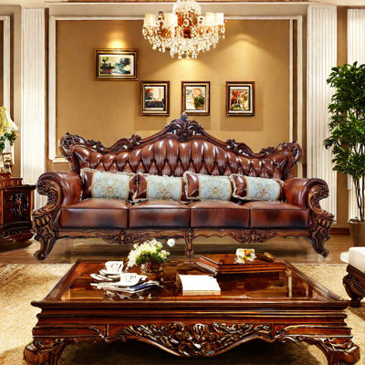 American Double-sided Carved Sofa Genuine Leather Rolled Arm Sofa -  FURNITURE LEISURE, INC., XJYRBQB95LB