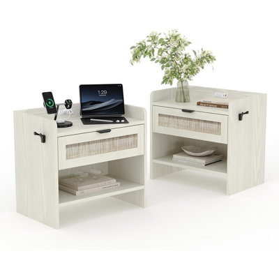 Nightstand Set of 2, Bedside Table, Boho Night Stand with Type-c Charging Station, 1 Storage Drawer
