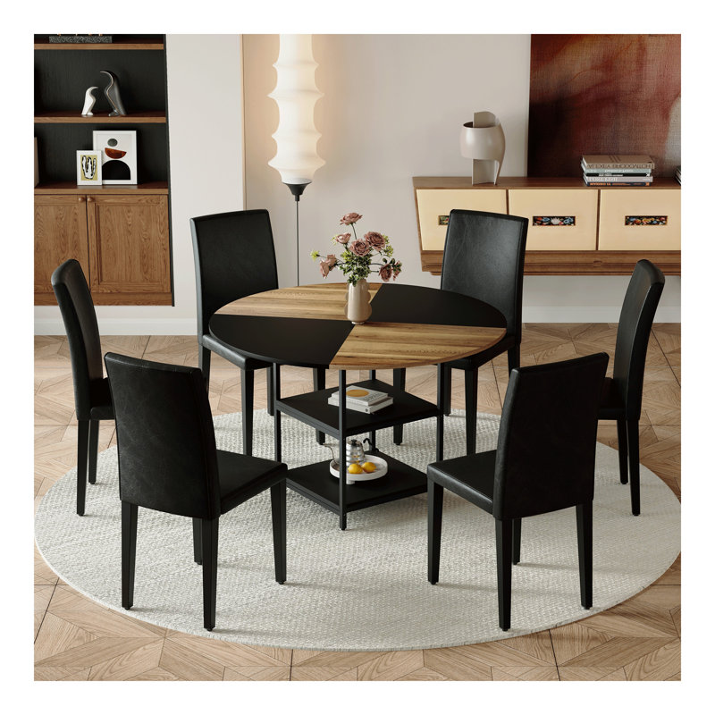 Ensemble de table et de chaises.Une table de salle à manger circulaire de couleur moderne épissée de 47,3 pouces de diamètre - double couche de rangement. Combinée avec des chaises de salle à manger en polyuréthane, simples et polyvalentes, confort