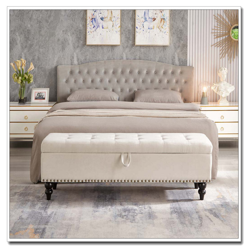59"Upholstered Tufted Bed Bench  with Storage, Beige