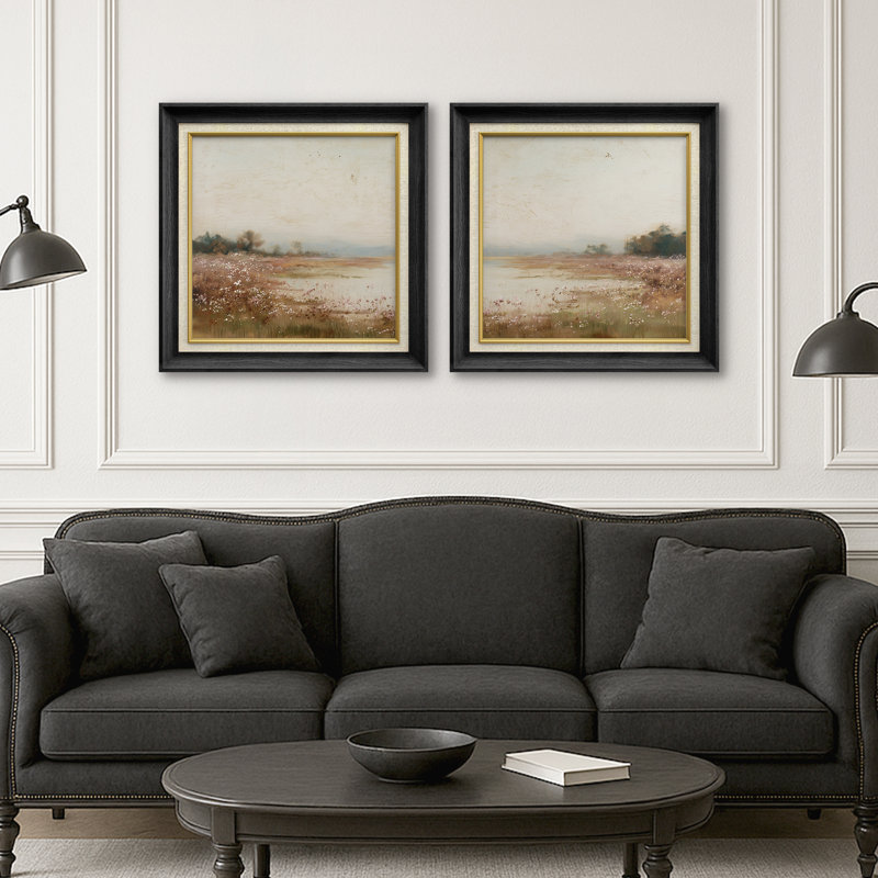 Pastel Countryside Meadow Farm Field Landscape Framed Master Bedroom Wall Art Work 2 Pieces Print, 26" H x 26" W