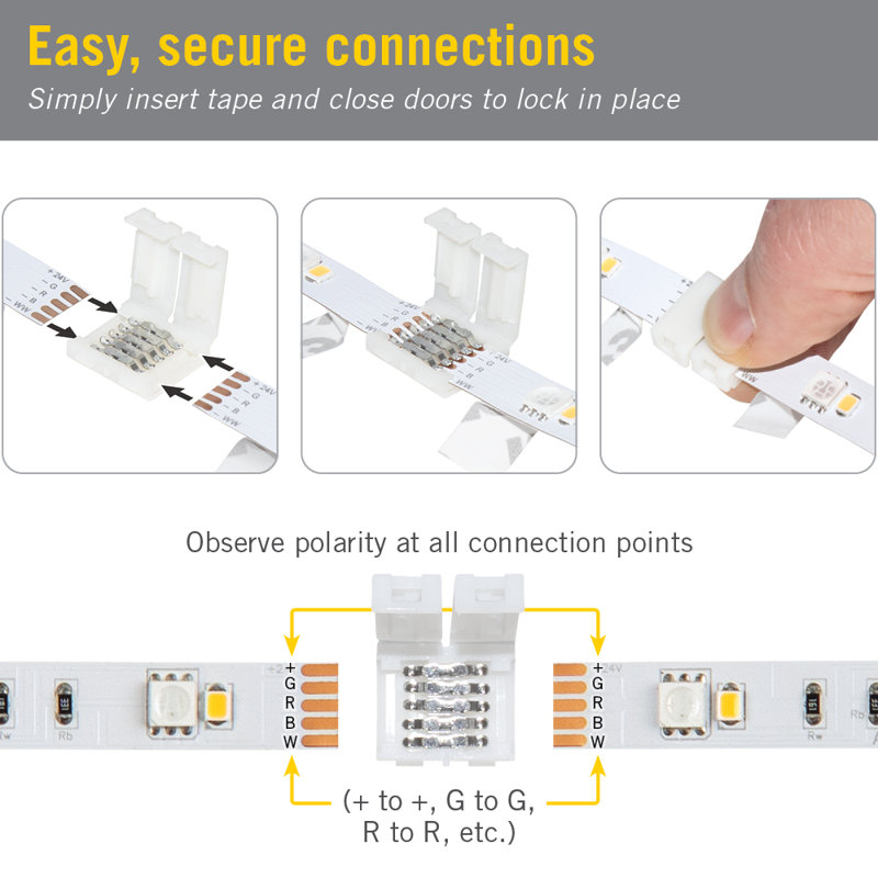 Connecteurs de ruban à bande 5 broches RVB + W à DEL, paquet de 5