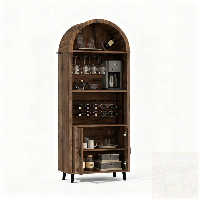 Bar arqué avec portes doubles, porte-bouteilles et porte-verres à vin, Brun