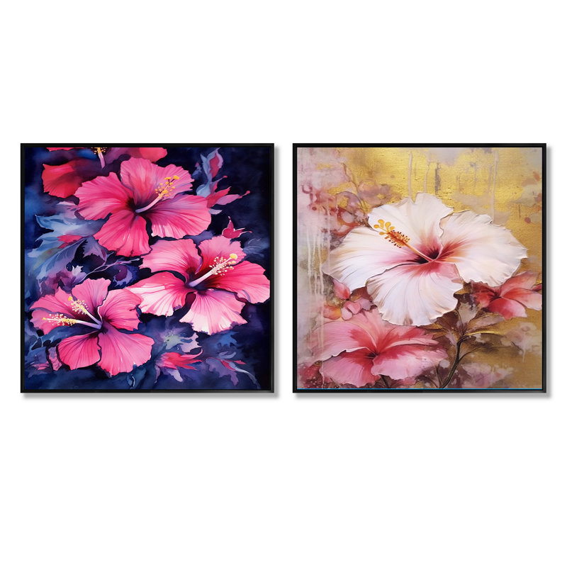 Beauté tropicale Hibiscus Beauté III - Hibiscus carré, ensemble de 2 collages, Cadre flottant noir, H 30 po x l 61 po