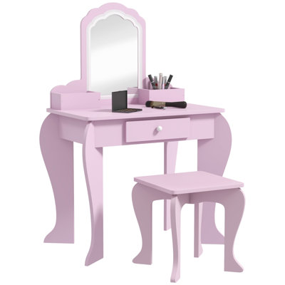 Oaklynn Kids Dressing Table with Mirror, Stool for Ages 3-6 Years Pink