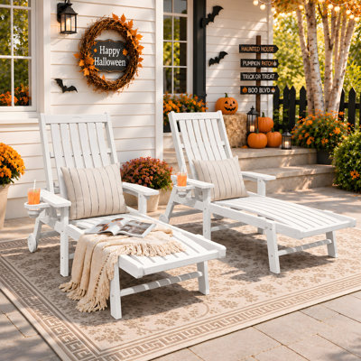 Chaise longue inclinable réglable en PEHD blanc pour l'extérieur avec roulettes et porte-gobelet (ensemble de 2)
