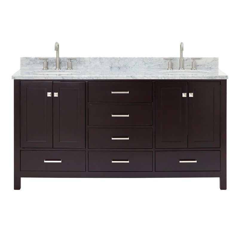 Meuble-lavabo double 67 po avec plateau Flynt, Espresso, Nickel brossé