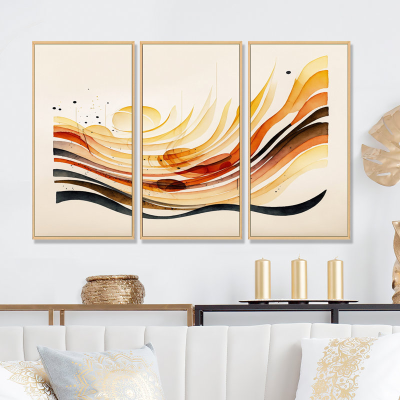 «Burnt Orange Waves Abstract IV», ensemble d'art mural moderne sur toile, H 32 po x l 48 po x P 1 po, Encadré naturel