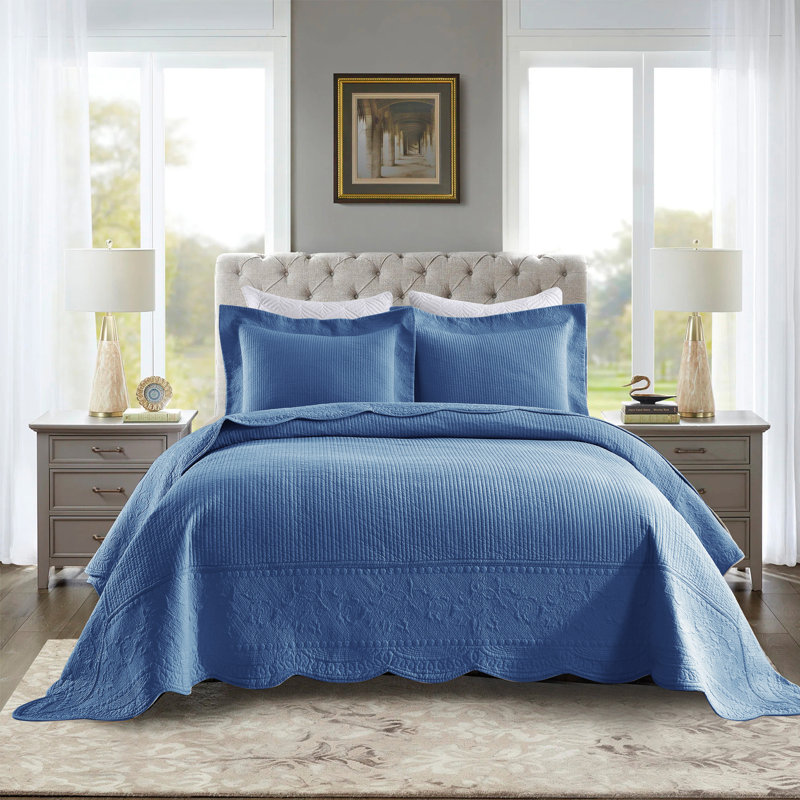 Cotton Quilt, Queen Quilt + 2 Standard Shams, Midtone Blue
