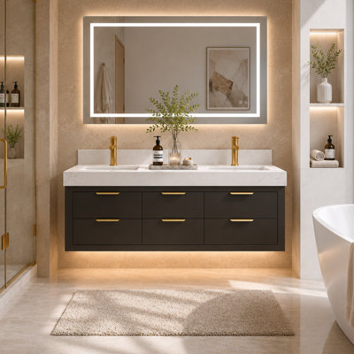 Lumino 60" Modern Wall Mounted Double Sink Bathroom Vanity with Engineered Stone Top, LED Light, 6 Soft Close Drawers