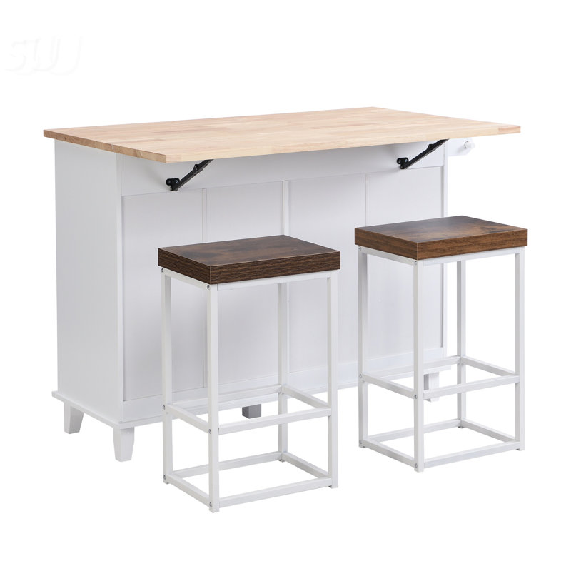 Farmhouse Kitchen Island Set With Drop Leaf And 2 Seatings, Spacious Storage And Adjustable Shelf For Modern Kitchens, White
