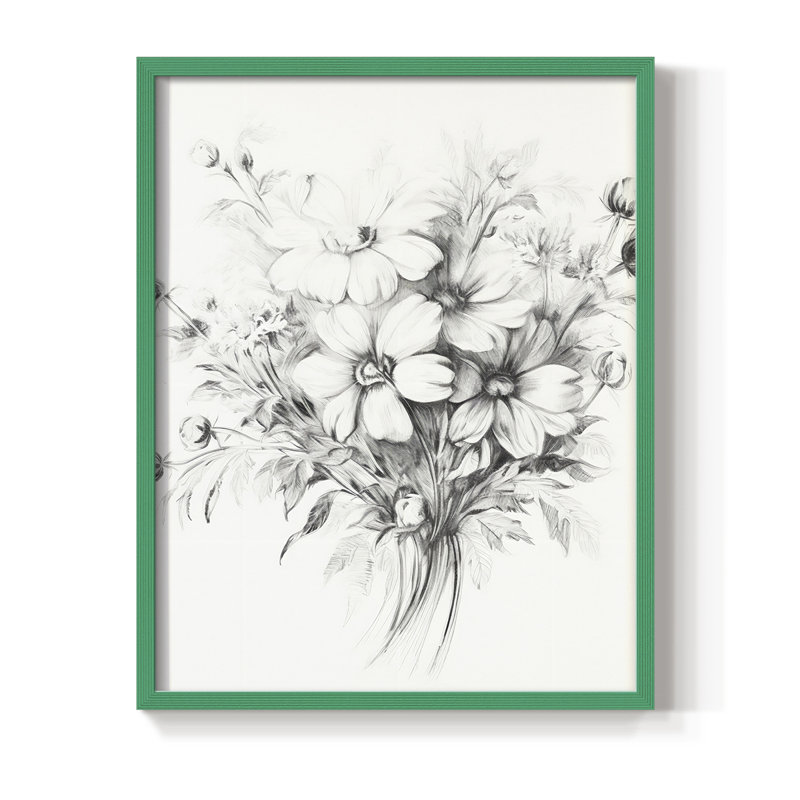 Reproduction florale rétro encadrée XIXème - bois massif, H 21 po x l 17 po, Vert