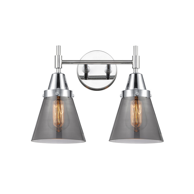 Caden Cone - 2 Light 17" Bath Vanity Light, Satin Brass, 60 Watt Vintage Incandescent Bulb, Plated Smoke/Large Cone