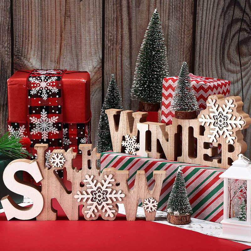 Enseigne en bois «Let It Snow» avec DEL - Blanc et bois naturel - Décoration de table de flocon de neige en hiver