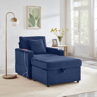 Canapé confortable moelleux en velours côtelé, espace de rangement pour une grande chaise simple, méridienne super douce avec repose-pieds et table, adapté pour la chambre de repos, appartement, bleu