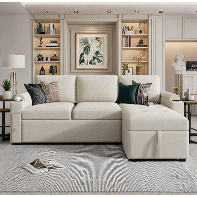 83.5" L-shaped Sofa Couch Convertible Sofa Bed Sectional Sofa with Ample Storage  Space, Two Cup Holders and Two USB Ports for Living Room by Latitude Run