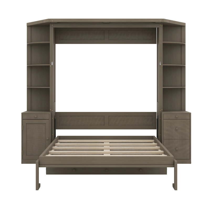 Grand lit escamotable avec bureau intégré, unités de rangement et armoires, Gris