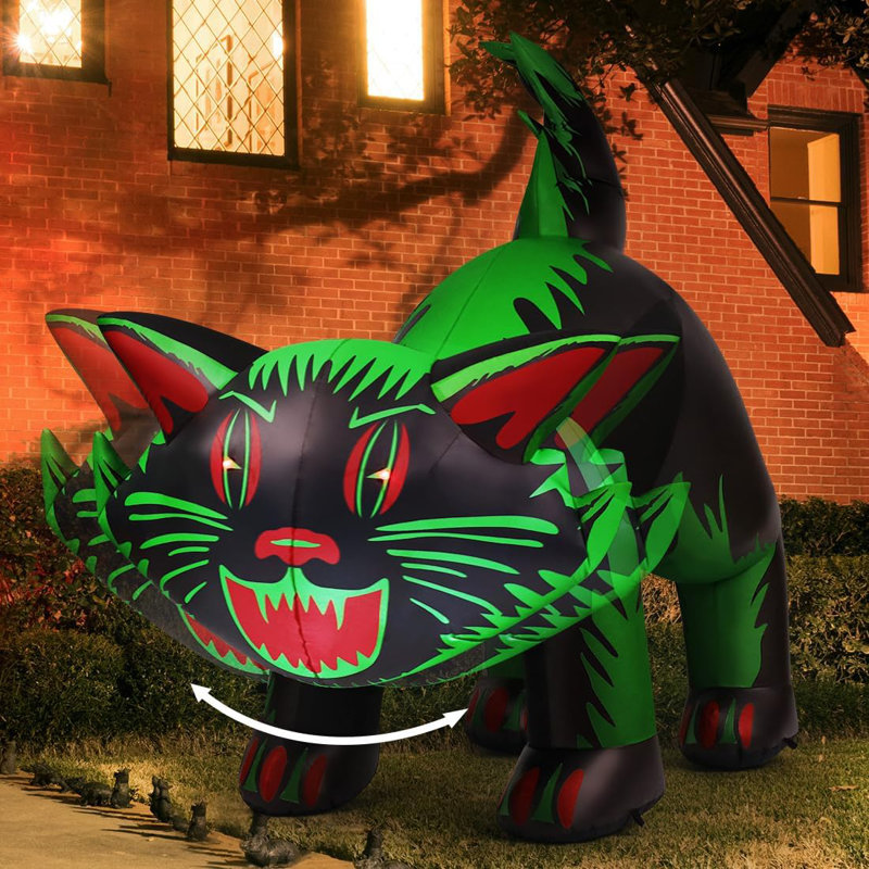 Halloween Inflatable 7ft Green Cat with Shakable Head Scary Halloween Blow up Cat with Built-in LEDs