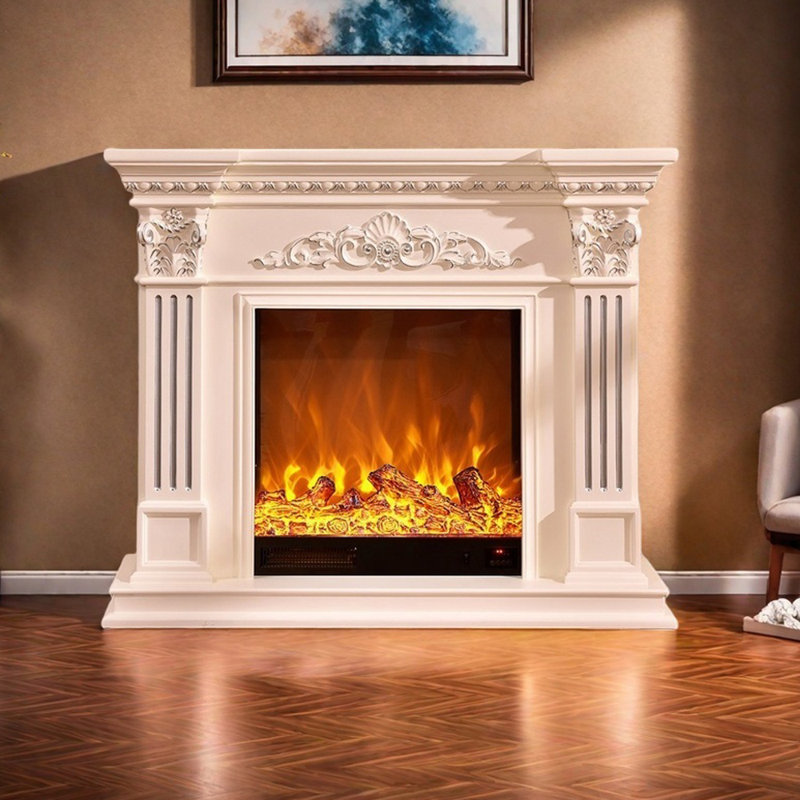 Three-dimensional carving craft fireplace, 40.15" H x 47.24" W x 12.99" D, White