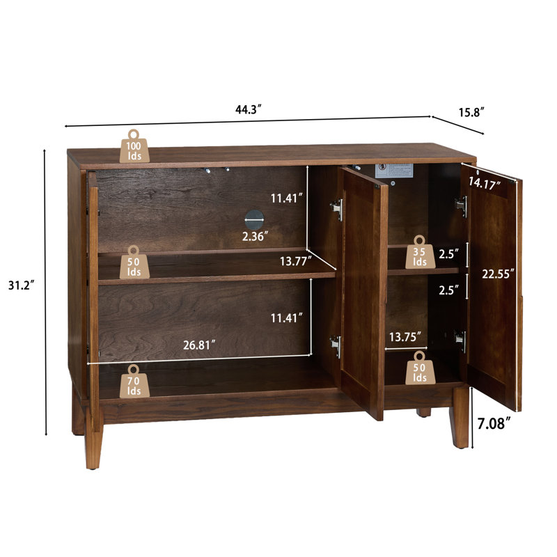 44.3'' Mid-Century Modern Buffet Cabinet with Storage, 3-Door Sideboard with Adjustable Shelves, Walnut