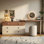 Meuble-lavabo extensible avec 6 tiroirs, coiffeuse réglable de 47,24 à 90 po, grand bureau de meuble-lavabo pour chambre à coucher, table de maquillage extensible brun et crème moderne